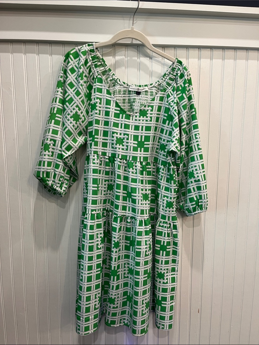 Green and White Plaid Tiered Midi Dress with Smocked Neckline